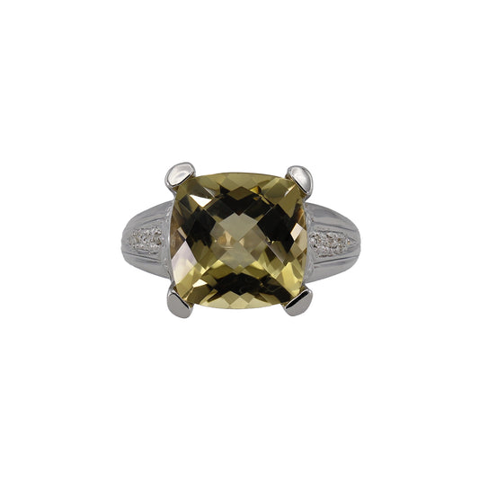 14k White Gold Fancy Cushion-Cut Smoky Topaz Quartz & Diamond Ring