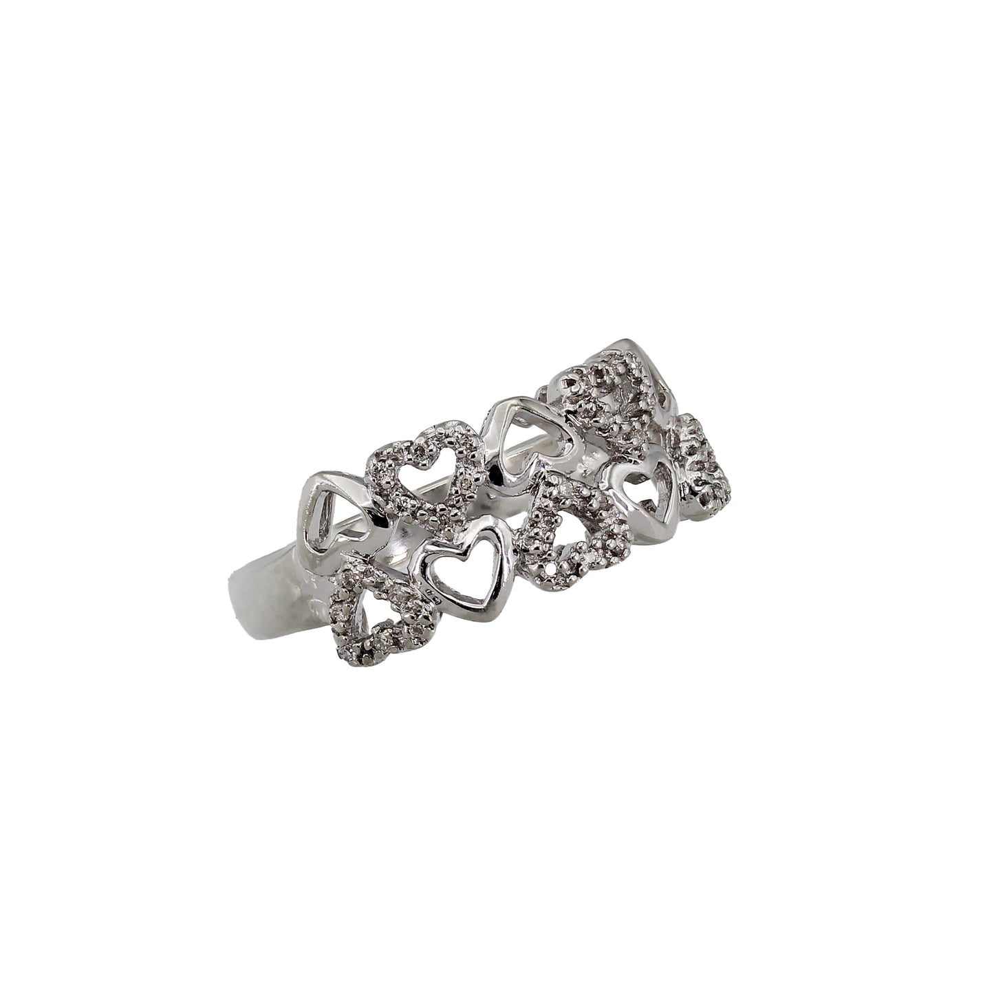 14k White Gold Double Row Diamond Hearts Ring