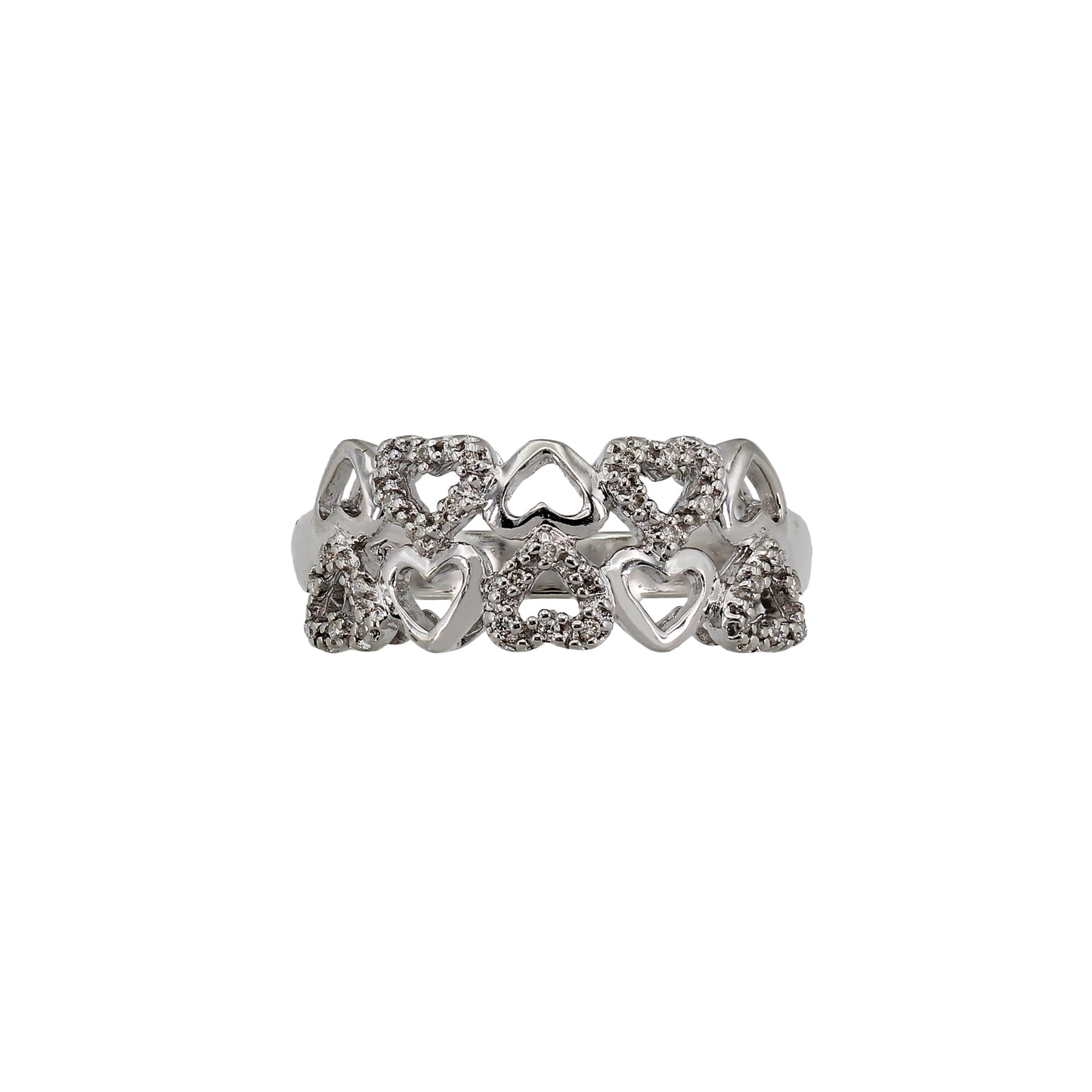 14k White Gold Double Row Diamond Hearts Ring