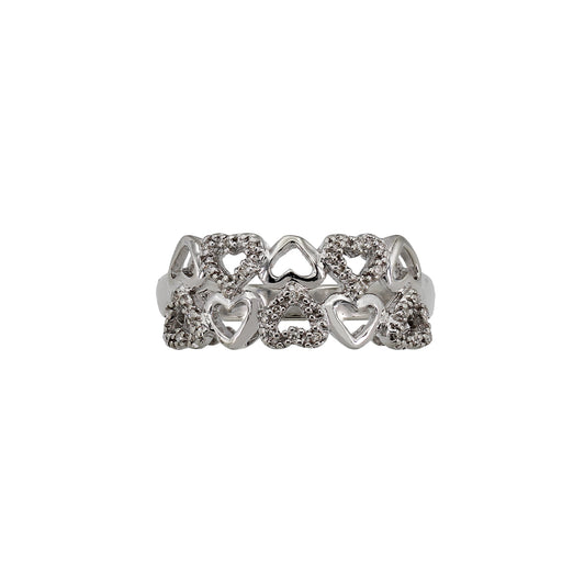 14k White Gold Double Row Diamond Hearts Ring