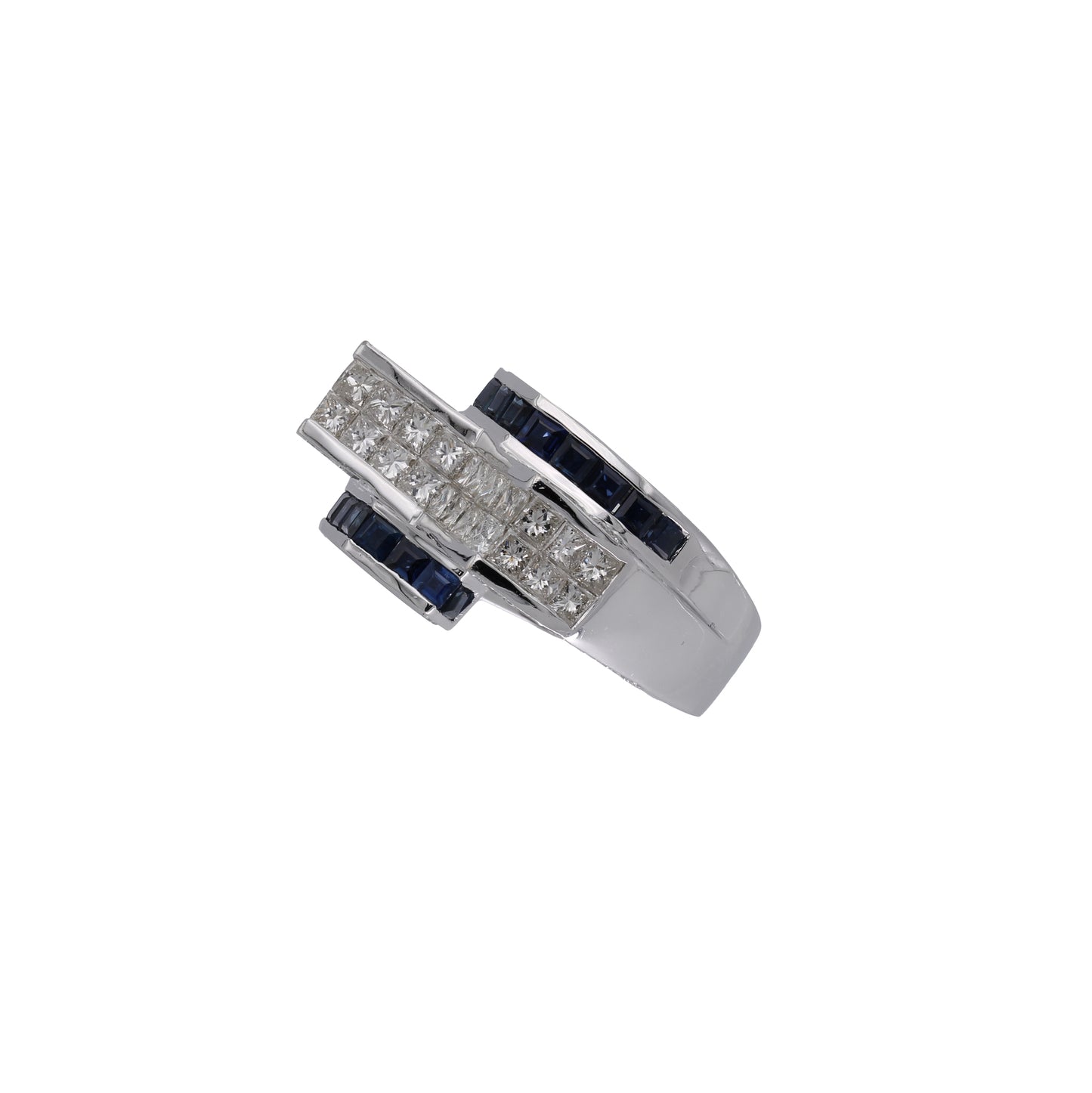 14k White Gold Princess-Cut Invisible-Set Diamond & Sapphire Fancy Ring