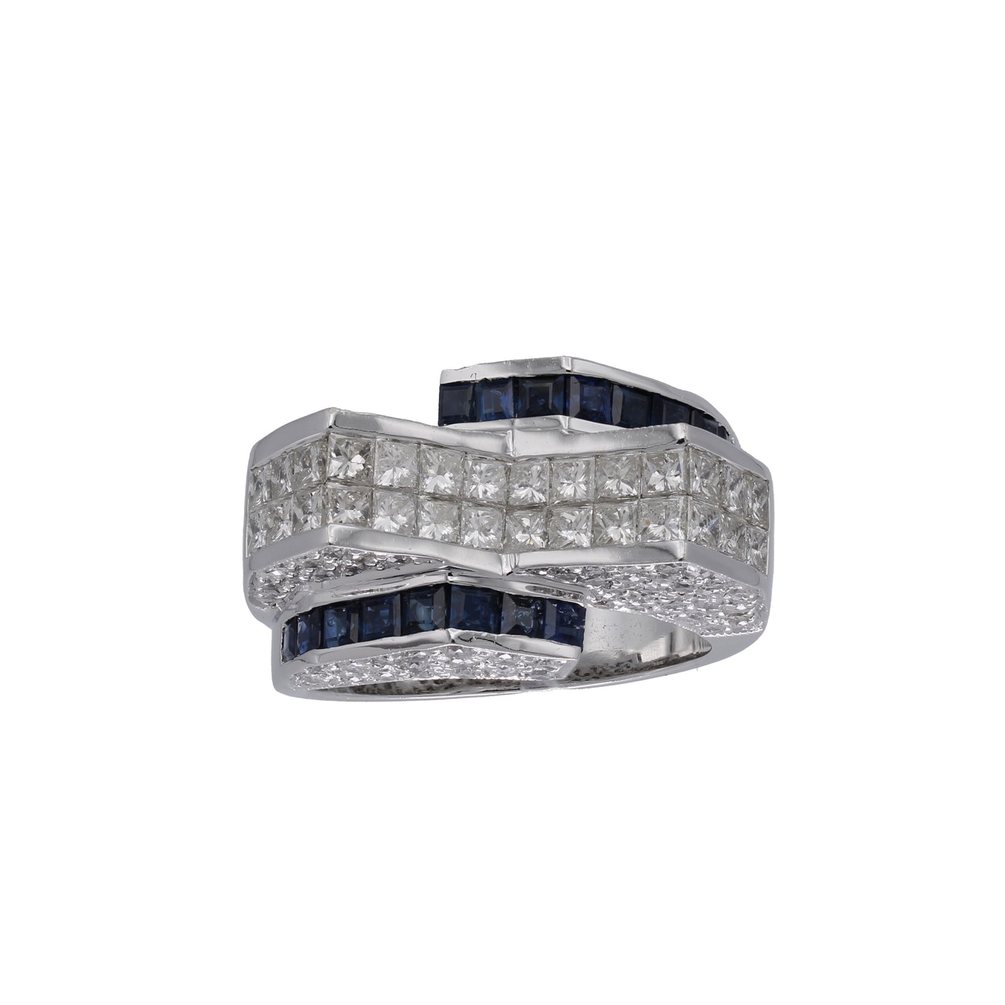 14k White Gold Princess-Cut Invisible-Set Diamond & Sapphire Fancy Ring