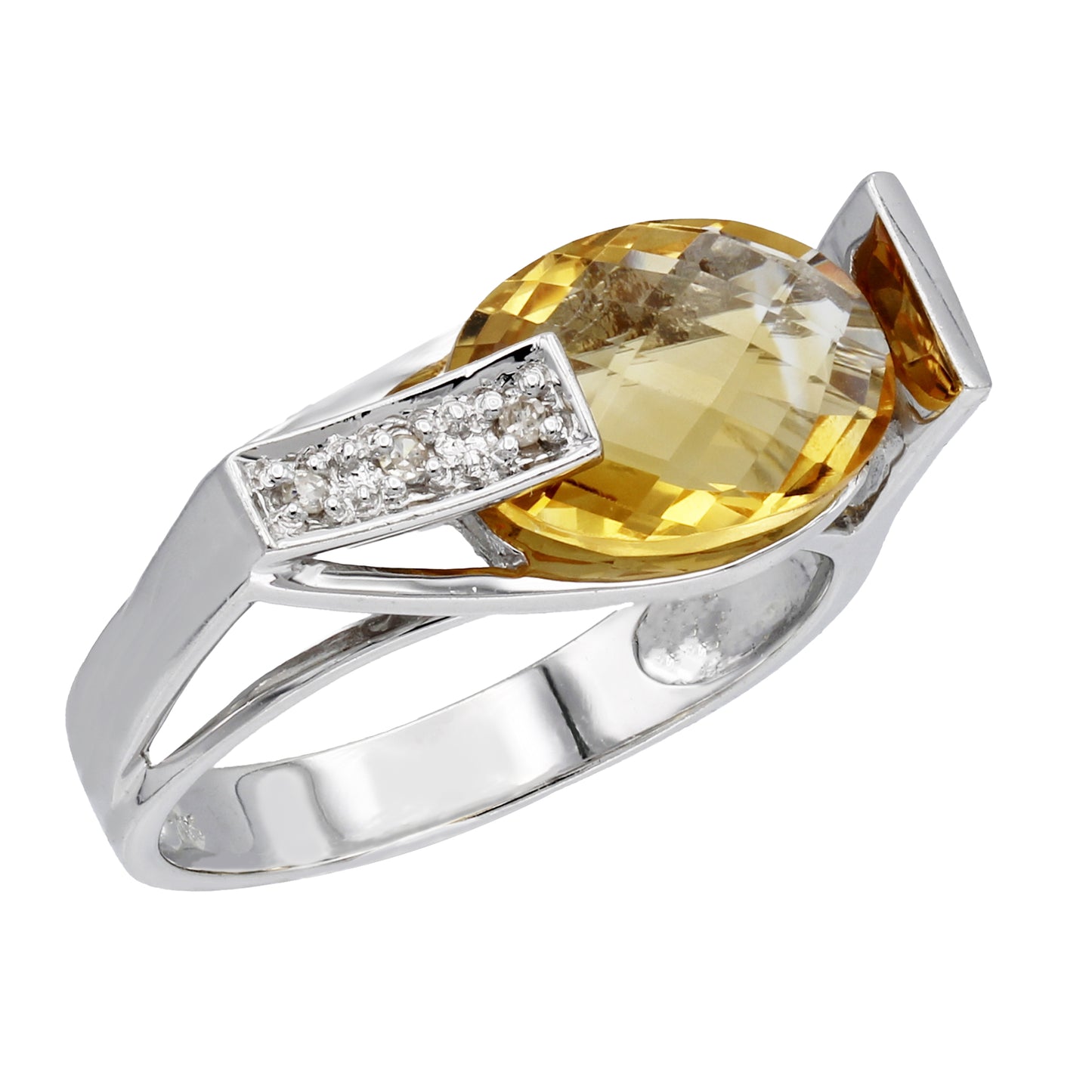 14k White Gold Diamond & Briolette-Cut Citrine Quartz Fancy Style Ring - 0.03ct TDW