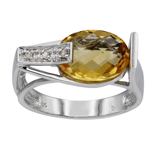 14k White Gold Diamond & Briolette-Cut Citrine Quartz Fancy Style Ring - 0.03ct TDW