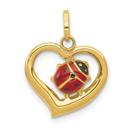 14k Enameled Ladybug Heart Charm Pendant