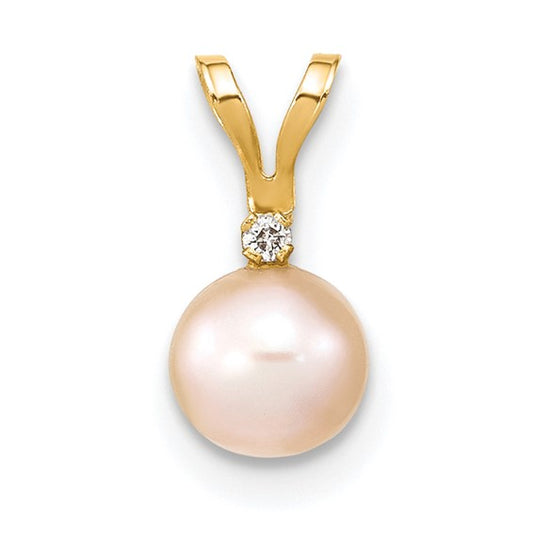 14k Yellow Gold 5-6 mm Pink Freshwater Cultured Pearl Diamond Pendant - 0.01ct TDW