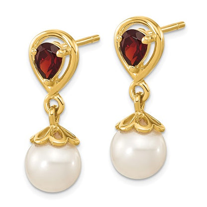 14k Yellow Gold Freshwater Cultured Pearl & Garnet Dangle Post Earrings