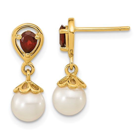 14k Yellow Gold Freshwater Cultured Pearl & Garnet Dangle Post Earrings