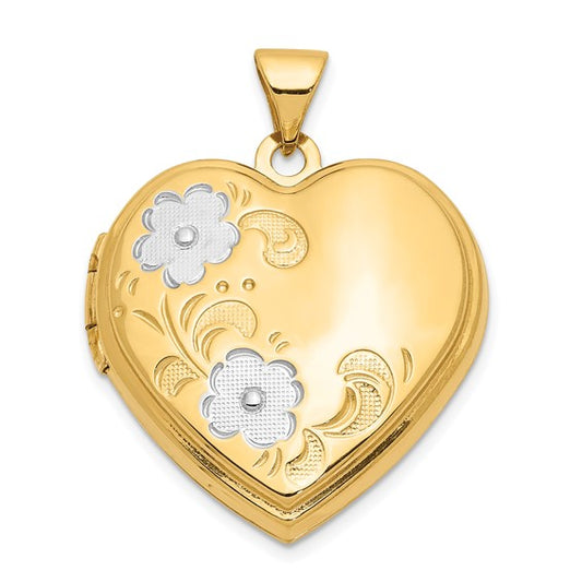 14k Yellow Gold Floral Design Heart Locket