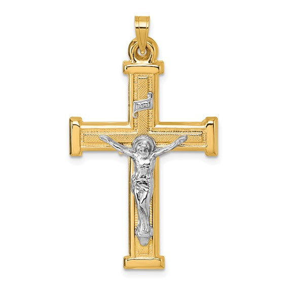 14k Two-Tone Gold Textured INRI Crucifix Pendant