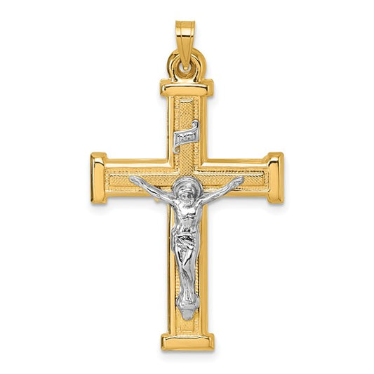 14k Two-Tone Gold Textured INRI Crucifix Pendant