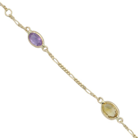 14k Yellow Gold Multi-Color Quartz Stones Figaro Link Bracelet