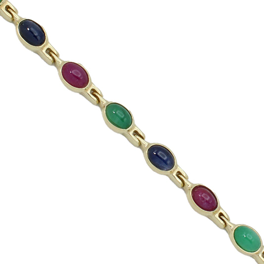 14k Yellow Gold Cabochon Colored Stone Bracelet w/ Rubies, Sapphires, and Emerald Stones