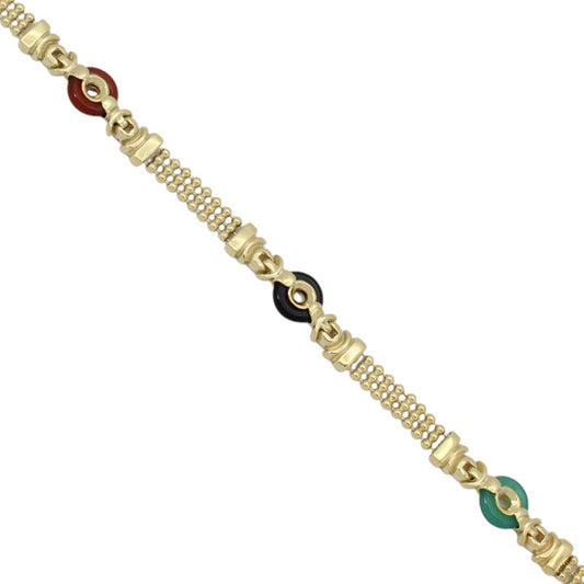 14k Yellow Gold Multi-Color Chalcedony Onyx Stones Beaded Link Bracelet