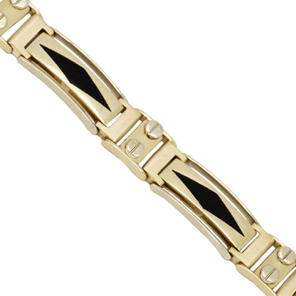 14k Yellow Gold Onyx Inlay & Screws Fancy Link Bracelet - 10.00 mm