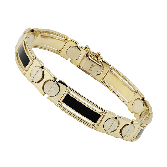 14k Yellow Gold Onyx Inlay & Big Screws Fancy Link Bracelet - 10.00 mm