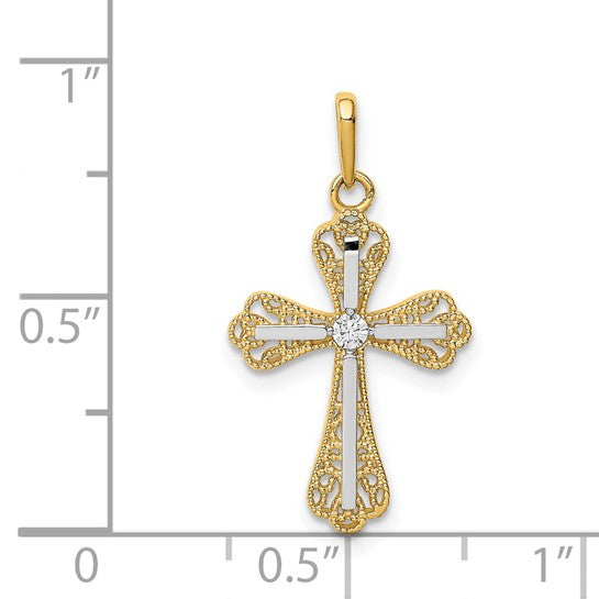 14k Two-Tone Gold CZ Filigree Cross Charm Pendant