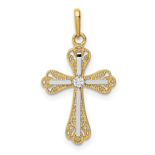 14k Two-Tone Gold CZ Filigree Cross Charm Pendant