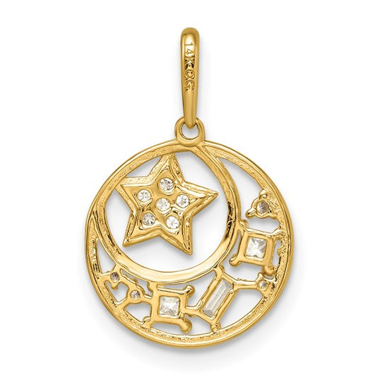 14k Yellow Gold CZ Star & Moon Charm Pendant