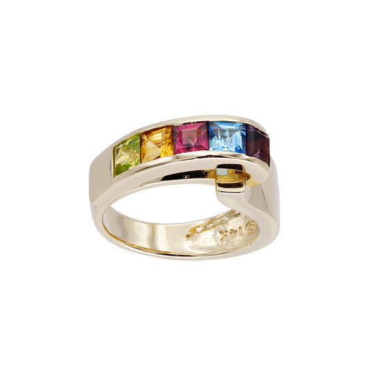 14k Yellow Gold Princess-Cut Multi-Color Quartz Stones Ring