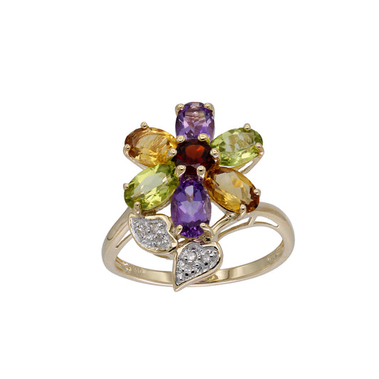 14k Yellow Gold Multi-Color Quartz Stones & Diamond Flower Ring