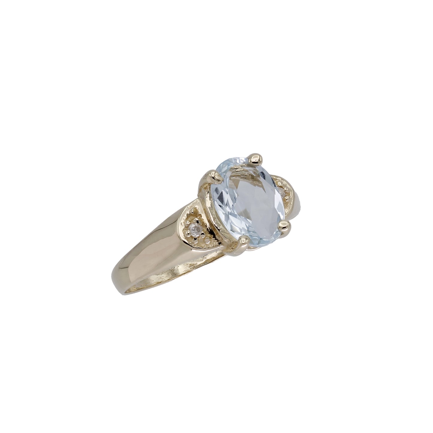 14k Yellow Gold Oval-Cut Light Blue Aquamarine Stone & Diamond Ring