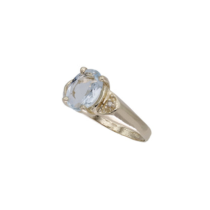 14k Yellow Gold Oval-Cut Light Blue Aquamarine Stone & Diamond Ring