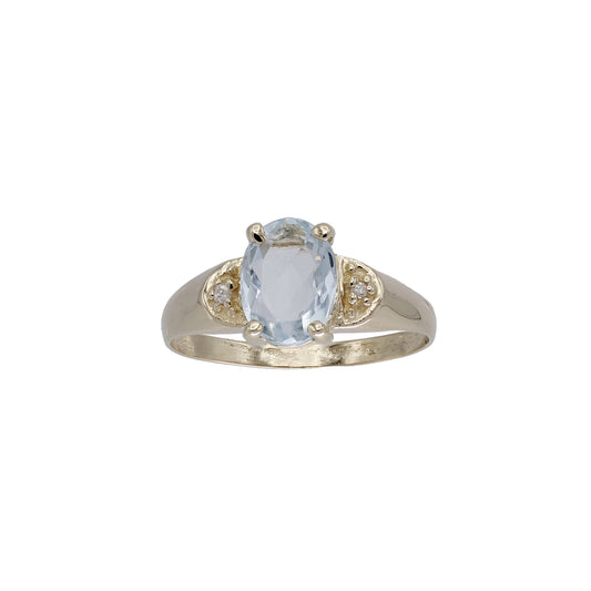 14k Yellow Gold Oval-Cut Light Blue Aquamarine Stone & Diamond Ring