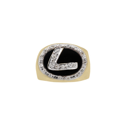 14k Yellow Gold Men's Onyx & Diamond "L" Initial Ring