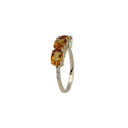 14k Yellow Gold 3-Stone Citrine Quartz & Diamond Ring