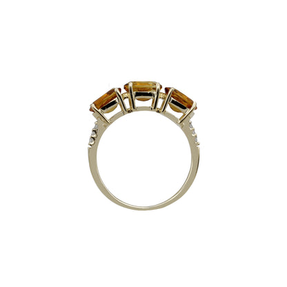 14k Yellow Gold 3-Stone Citrine Quartz & Diamond Ring