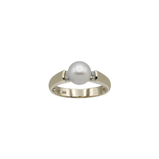 14k Yellow Gold Cultured Pearl & Baguette Diamond Ring