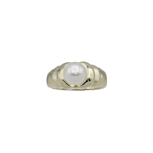 14k Yellow Gold Polished & Brushed Cultured Pearl Ring