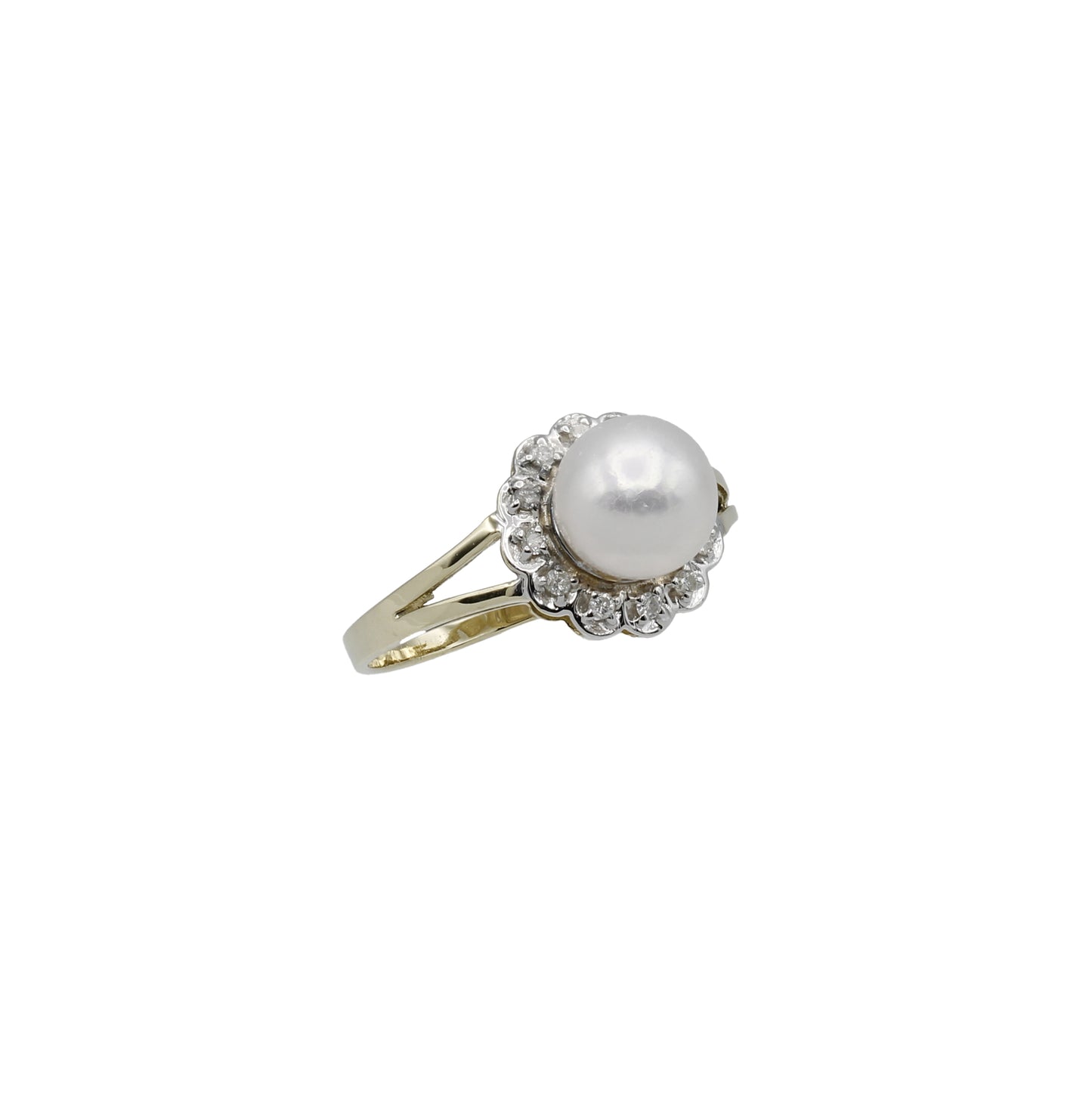 14k Yellow Gold Cultured Pearl & Diamond Flower Ring