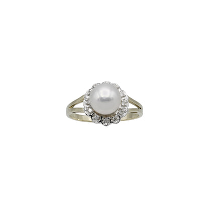 14k Yellow Gold Cultured Pearl & Diamond Flower Ring