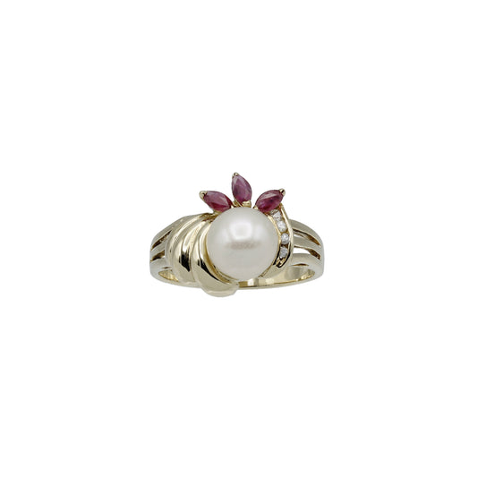 14k Yellow Gold Cultured Pearl, Diamond, & Ruby Ring