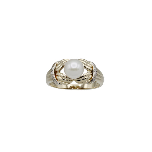 14k Yellow Gold Cultured Pearl & Diamond Ring