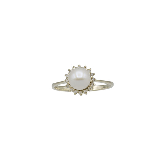 14k Yellow Gold Cultured Pearl & Diamond Flower Ring