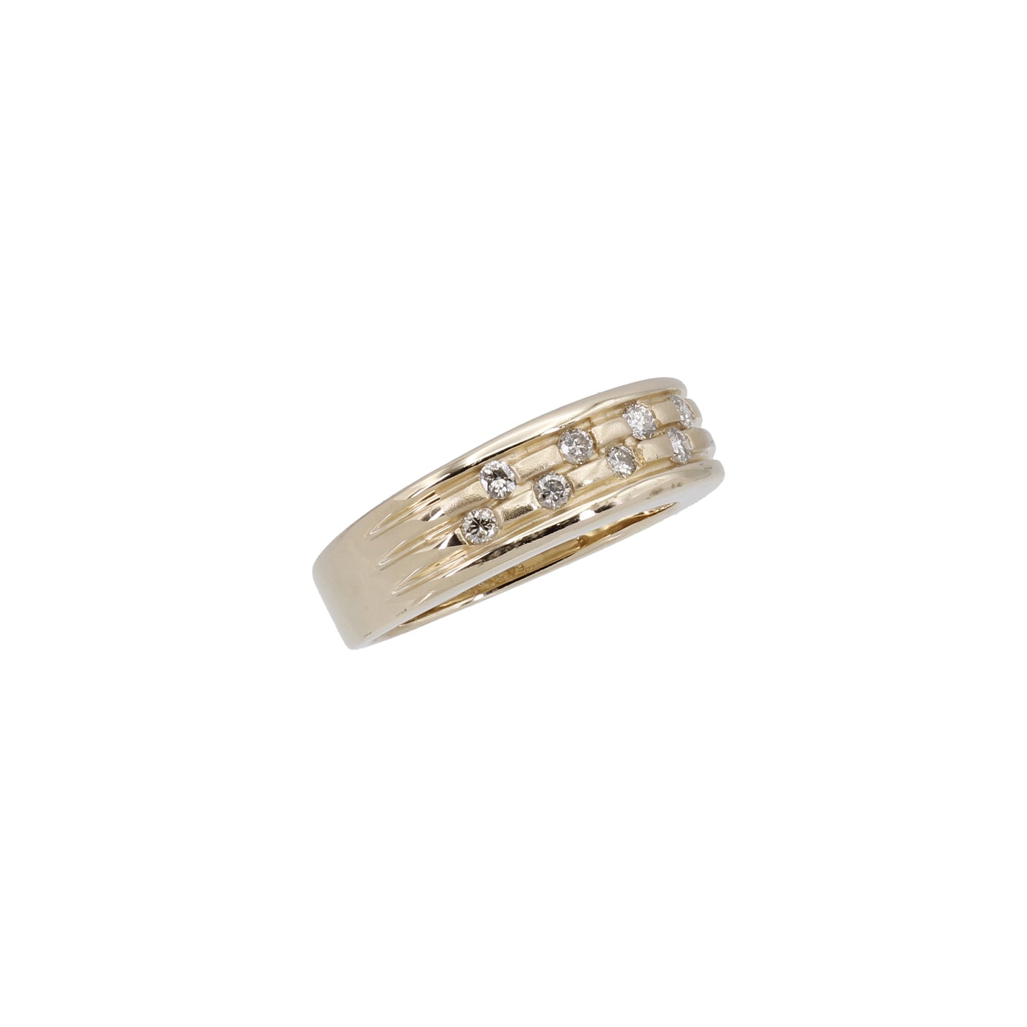 14k Yellow Gold Brushed & Polished Diamond Brick Wall Band Style Ring