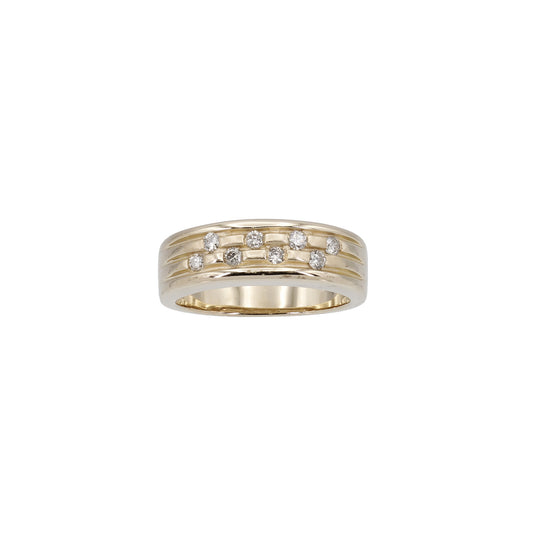 14k Yellow Gold Brushed & Polished Diamond Brick Wall Band Style Ring