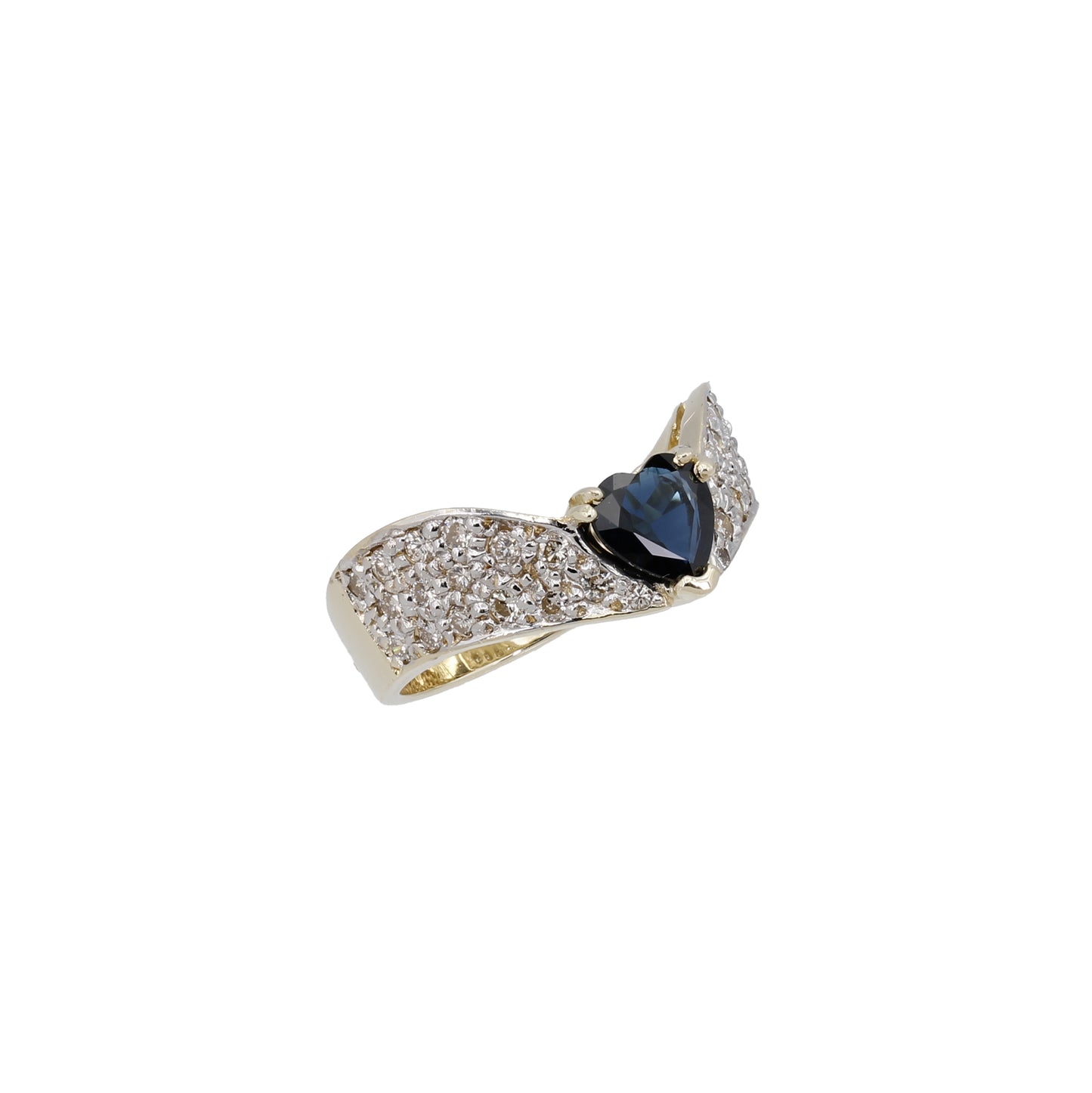 14k Yellow Gold Pave Diamond & Heart-Cut Sapphire "V" Ring