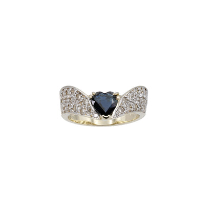 14k Yellow Gold Pave Diamond & Heart-Cut Sapphire "V" Ring