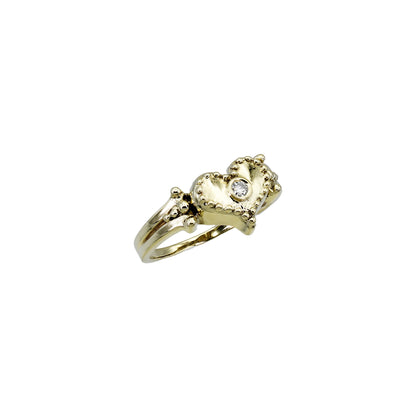 14k Yellow Gold Beaded Diamond Heart Ring