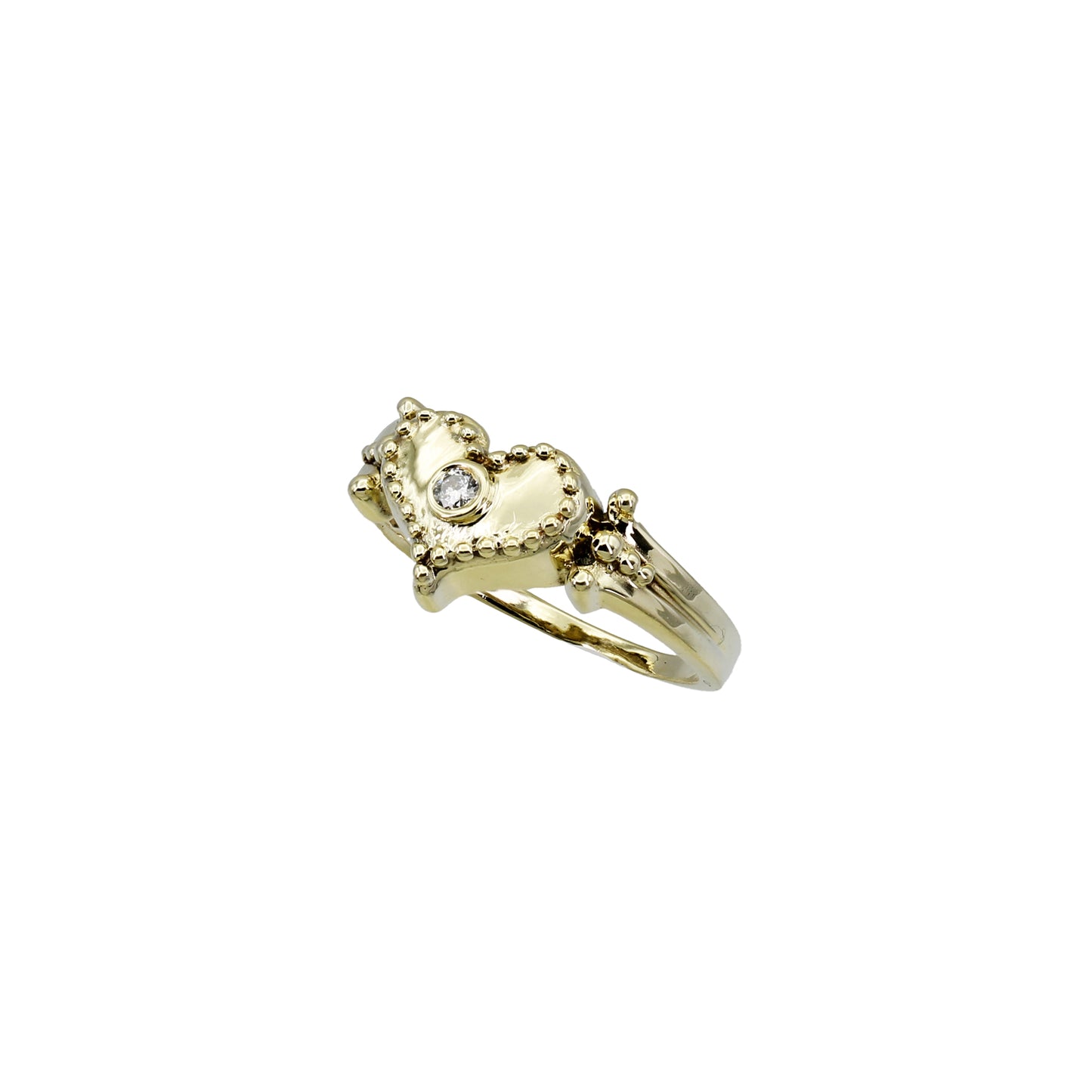 14k Yellow Gold Beaded Diamond Heart Ring