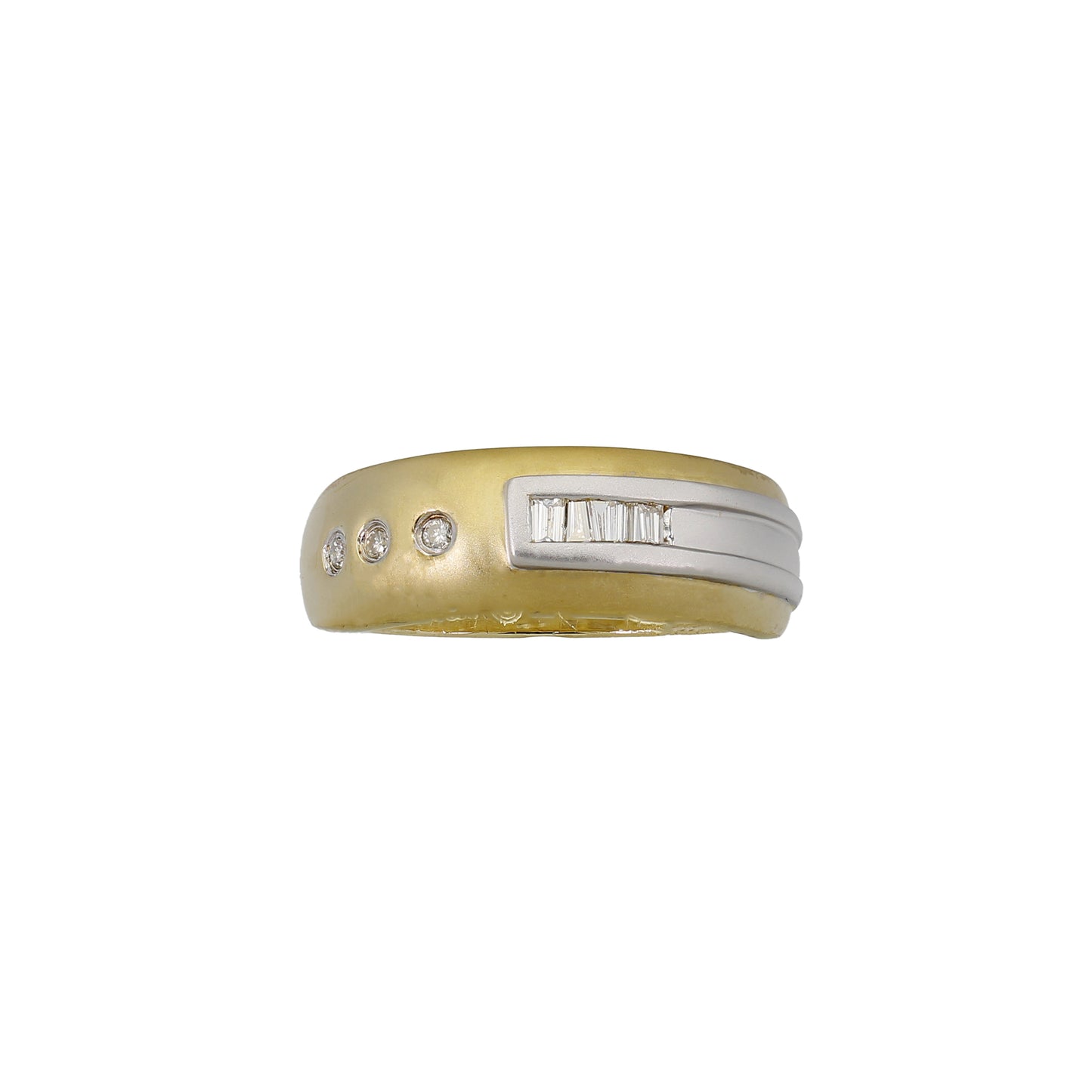 14k Two-Tone Gold Brushed Baguette & Round Diamond Band Ring