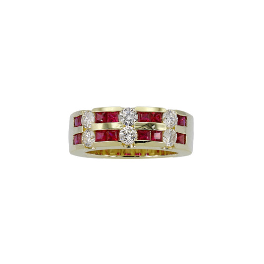 18k Two-Tone Gold Diamond & Princess-Cut Ruby Band Style Ring