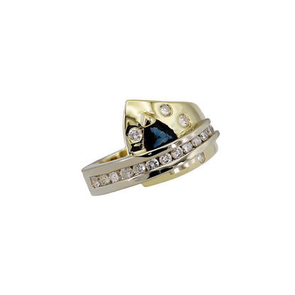 14k Two-Tone Fancy Diamond & Trillion-Cut Sapphire Ring