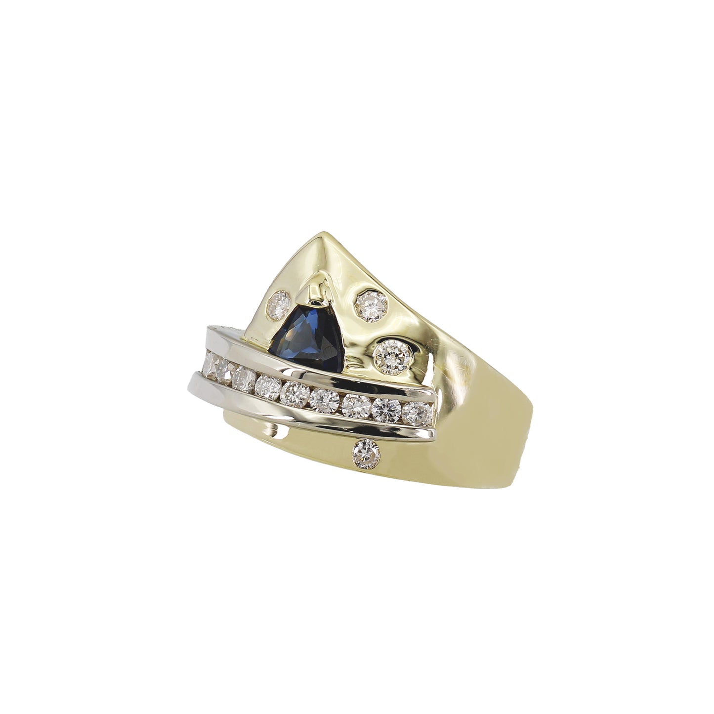 14k Two-Tone Fancy Diamond & Trillion-Cut Sapphire Ring