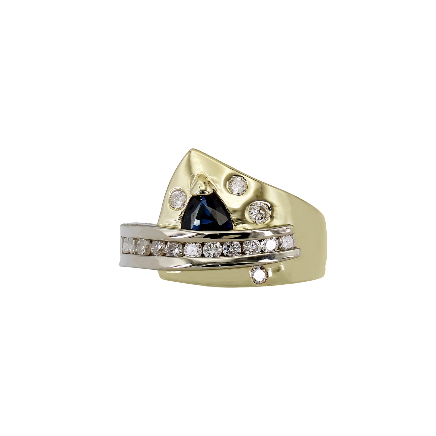 14k Two-Tone Fancy Diamond & Trillion-Cut Sapphire Ring