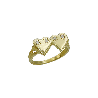 14k Yellow Gold Diamond Double Heart Ring